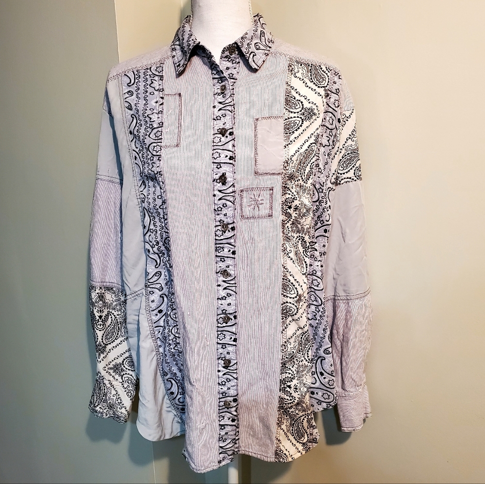 Free People All Patched Up Bandana Distressed Patchwork Button Up Shirt Sz S/P
